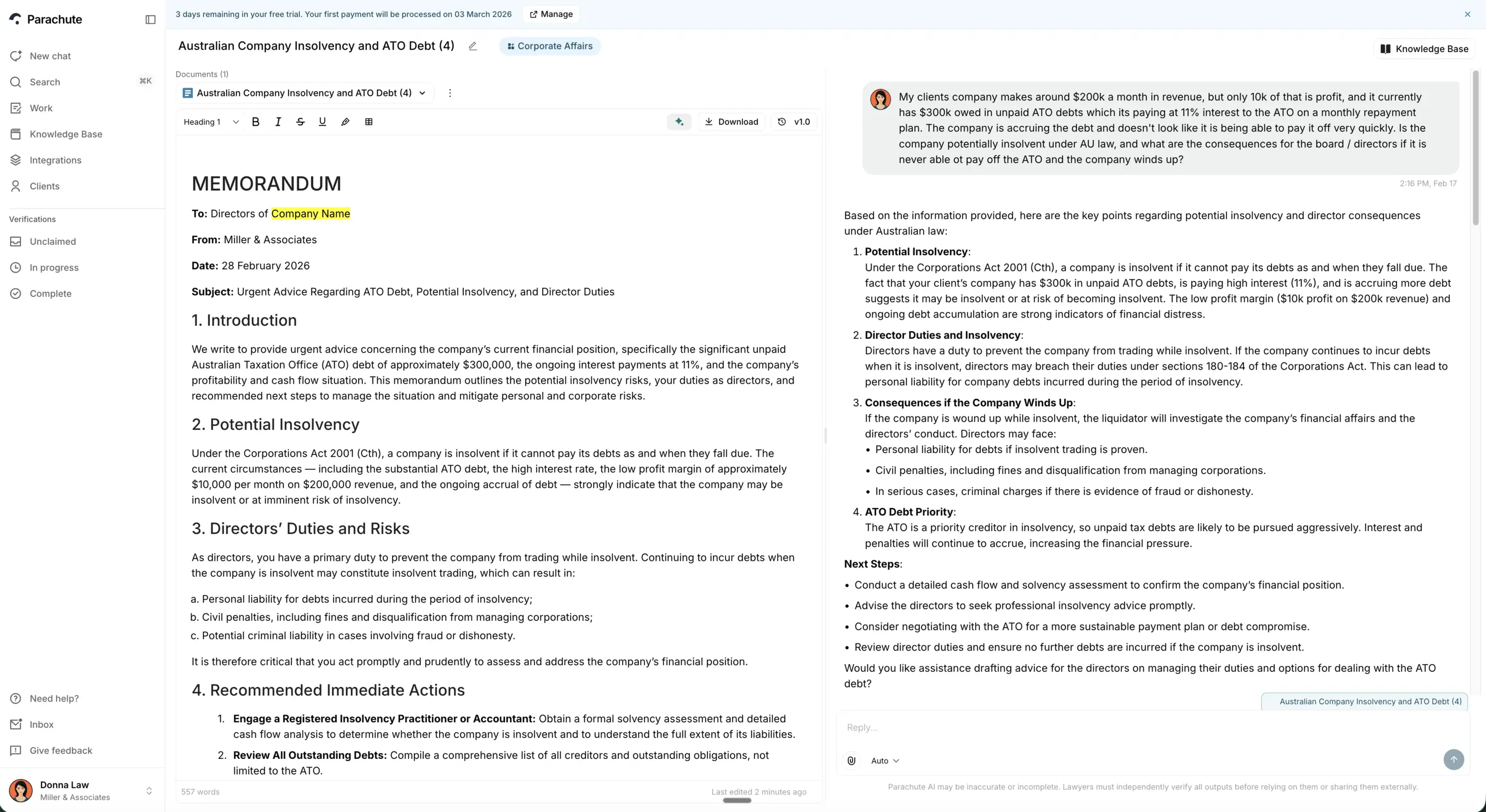 Parachute document drafting interface