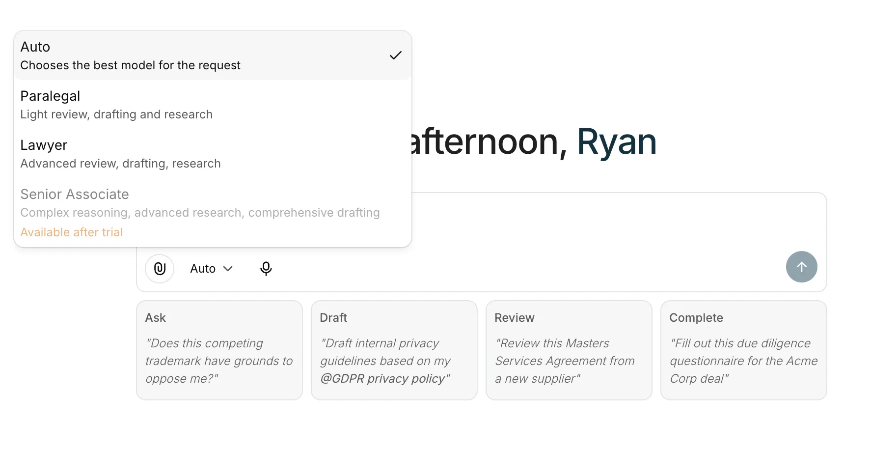 Multi-modal AI toggling between LLMs, categorised in language understood by small law firm operators